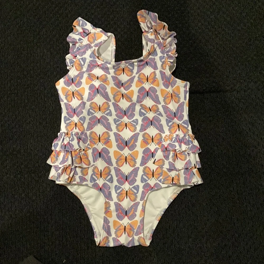 Tucker + Tate White One-Piece Swimsuit with Purple and Orange Butterfly Print
